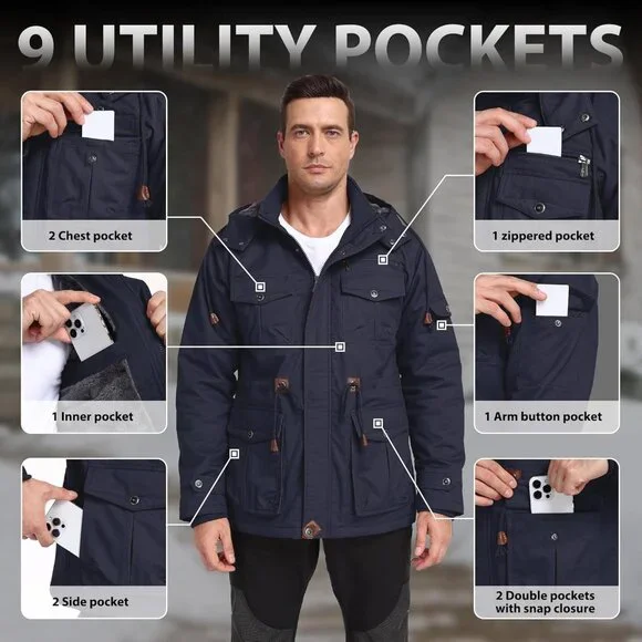 Mens Dark Blue  Hooded Winter Jacket Warm Fleece Lined ZipUp Casual Coat . - Picture 3 of 6